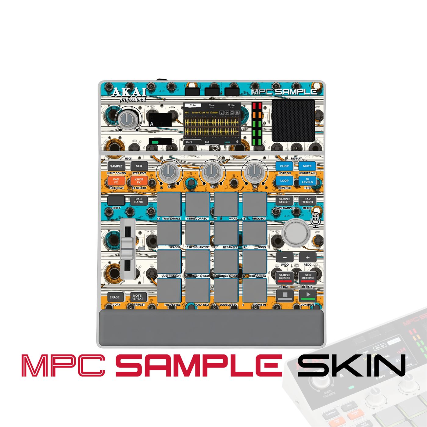 turquoise retrowave vinyl skin for Akai MPC Sample
