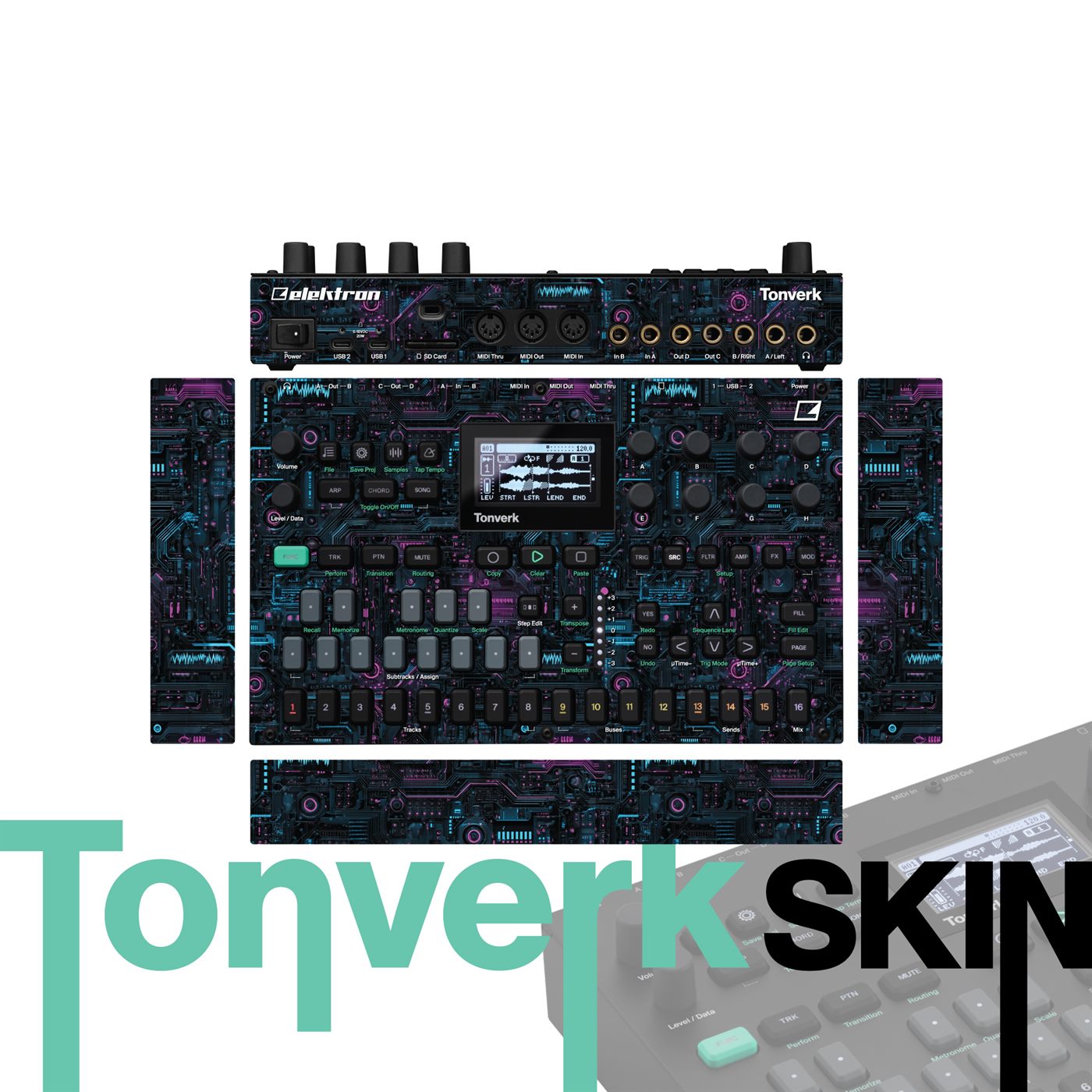 Cyan-Pink Tech Pulse vinyl skin for Elektron Tonverk